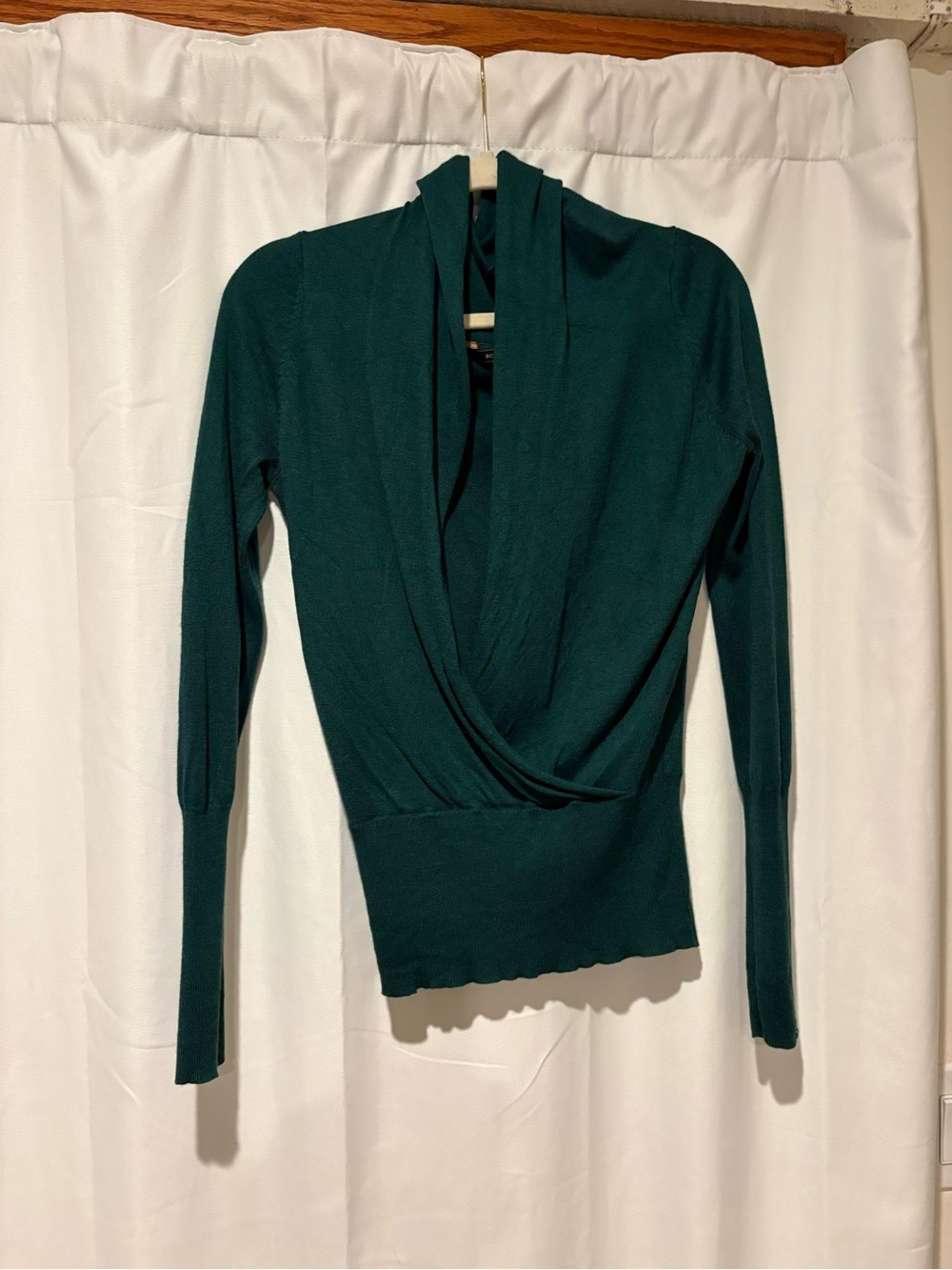 BCBGMaxAzria Emerald Green Draped Wrap-Front Long Sleeve Top
